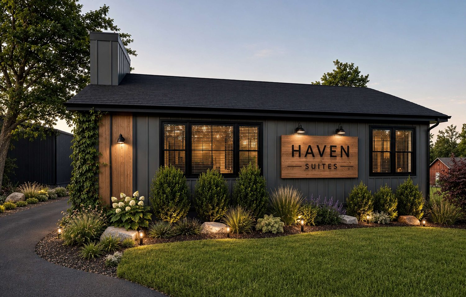 Architect's rendering of the renovated Haven Suites building on Whitehaven Road, with dark board-and-batten siding, warm lit windows, landscaped entrance, and a carved wood Haven Suites sign.